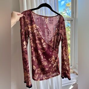 Vintage Arden B Burgundy Mesh Top with Velvet Trimmed Bell Sleeves, Size M, y2k
